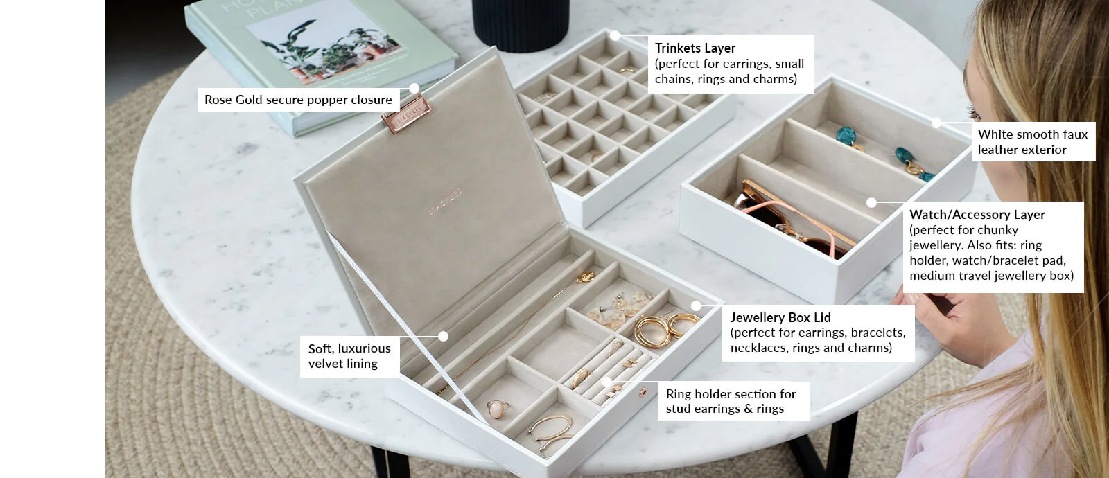 White & Rose Gold Classic Jewellery Box - Image 15